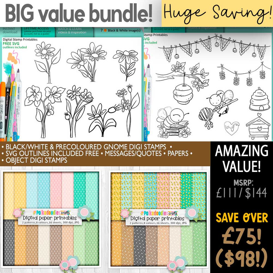 Bee Buzzy Gnomes BIG KAHUNA bundle  – Ultimate Digital Stamp and Printable Clipart Pack for Card Making, Scrapbooking and Junk Journaling.