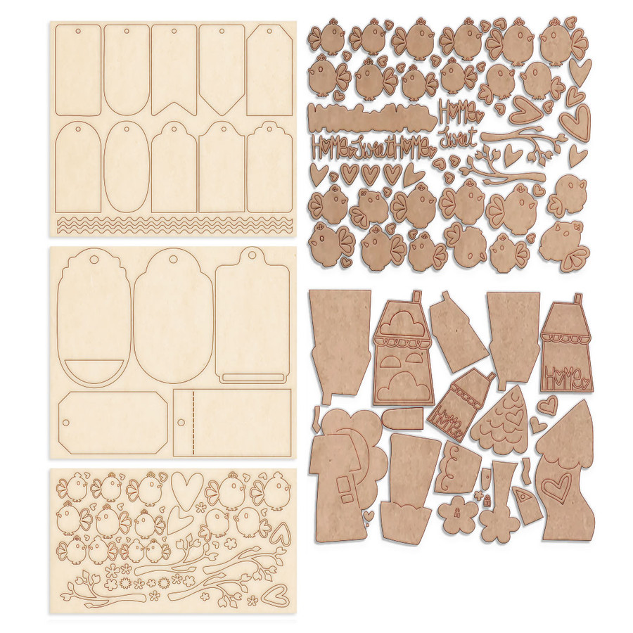 Woodies Birds Houses Tags 90 piece craft embellishment pack. MDF & chipboard wood craft set – wooden blanks shapes craft kit to decorate.