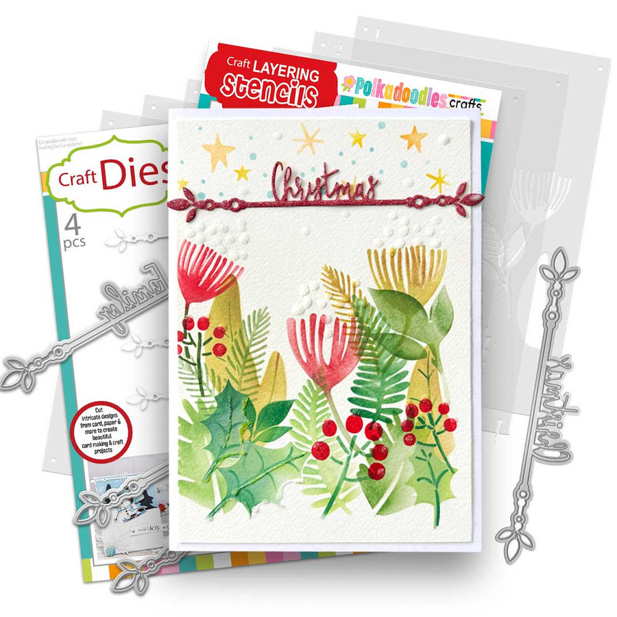 Christmas Vintage Poinsettia Text bumper bundle - stamps, dies and stencils for craft card making.