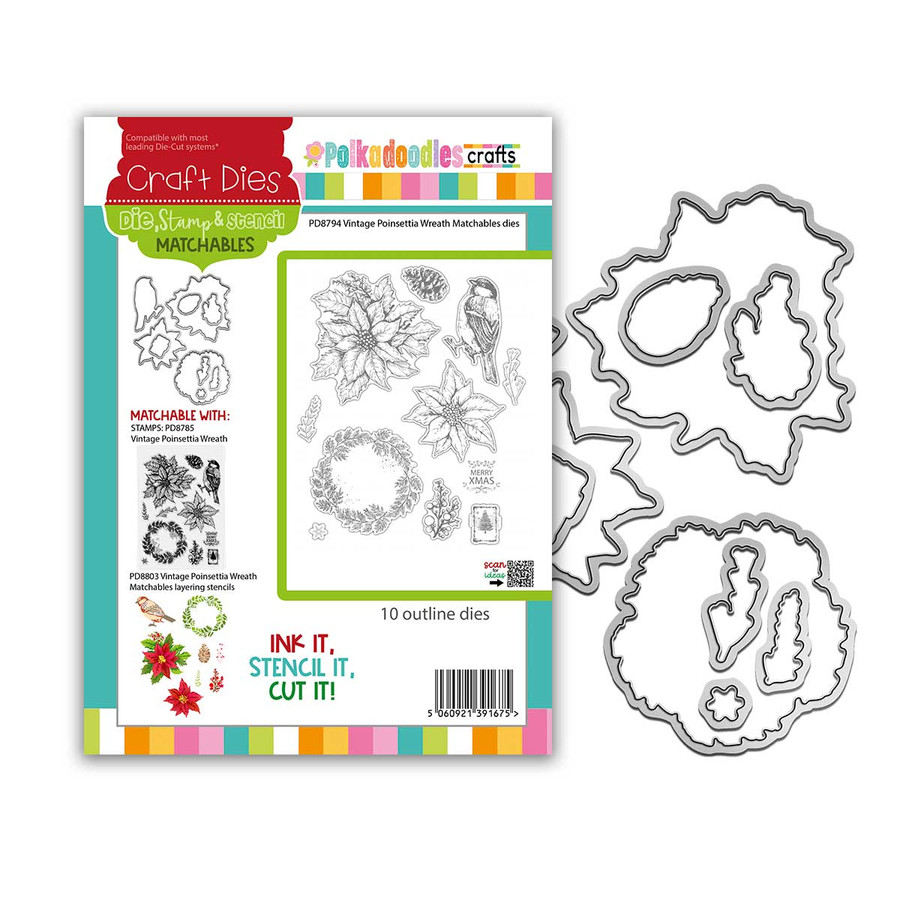 Christmas Vintage Poinsettia Wreath craft stamps, outline dies and layering stencil bundle for crafts and card making