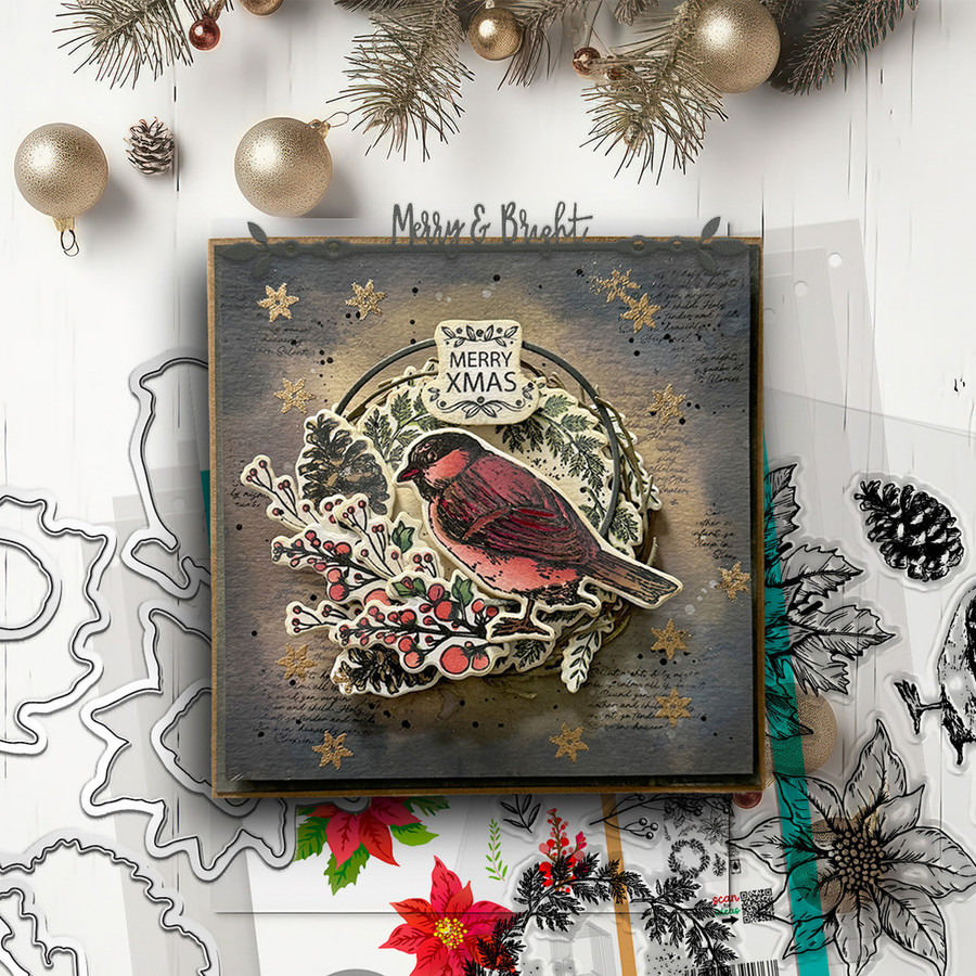 Christmas Vintage Poinsettia Wreath craft stamps, outline dies and layering stencil bundle for crafts and card making