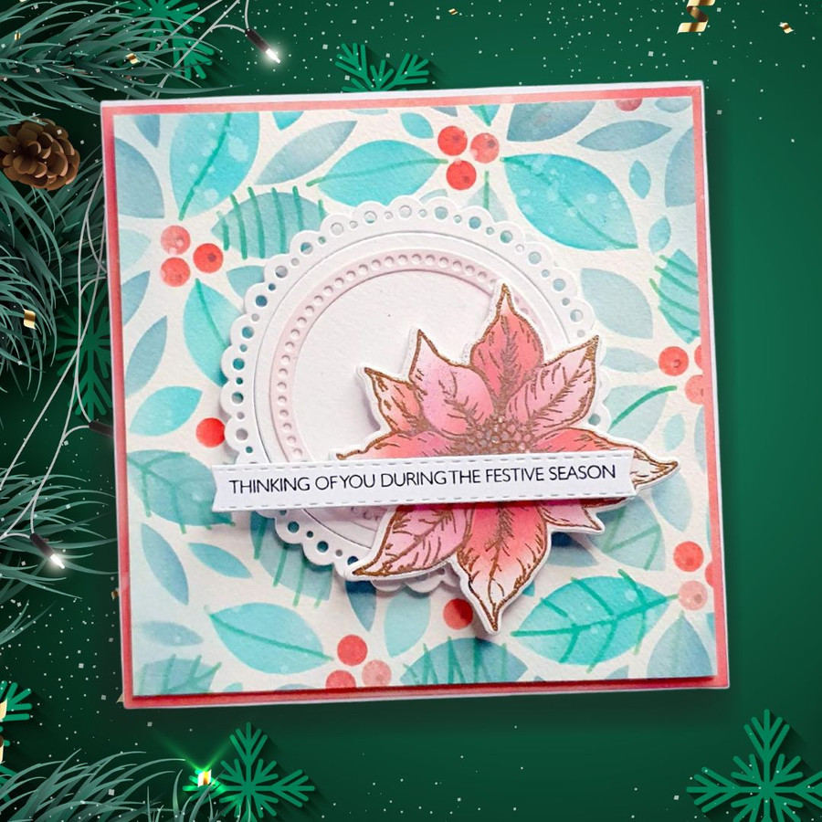 Christmas Vintage Poinsettia Wreath craft stamps, outline dies and layering stencil bundle for crafts and card making