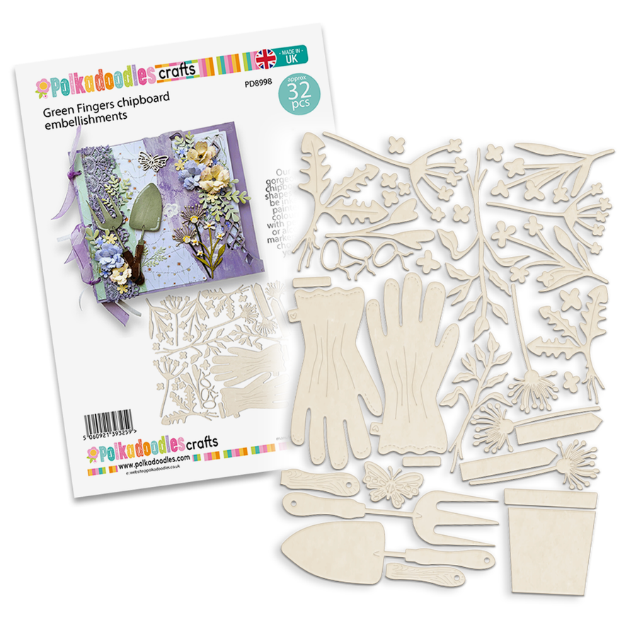Green Fingers 32 piece chipboard craft embellishment pack. Chipboard wood craft set – wooden blanks shapes craft kit to decorate