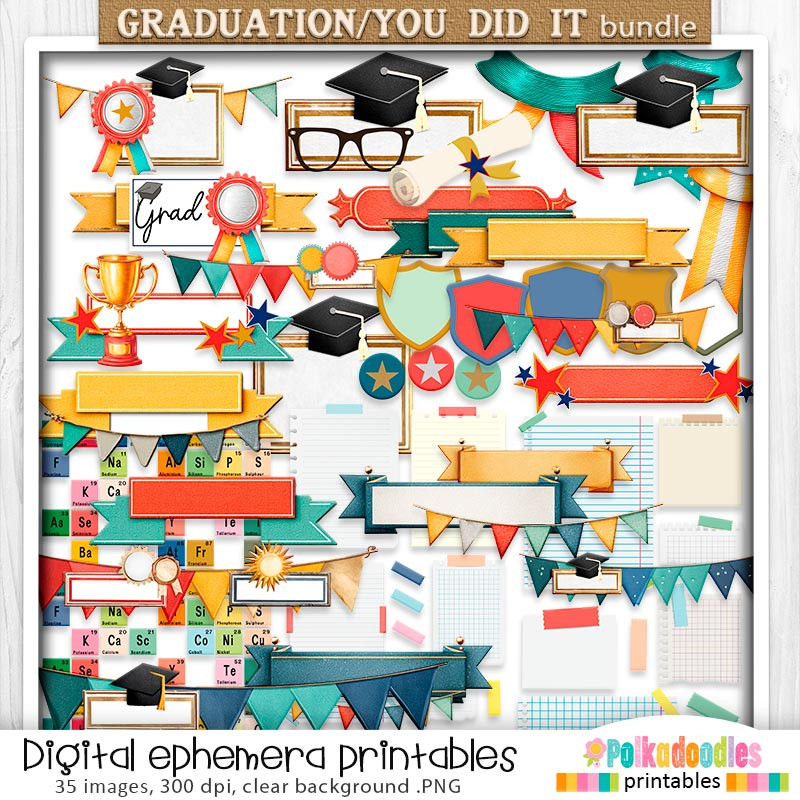 Graduation school student ephemera - Digital Stamp and Printable Clipart Pack for Card Making, Scrapbooking and Junk Journaling