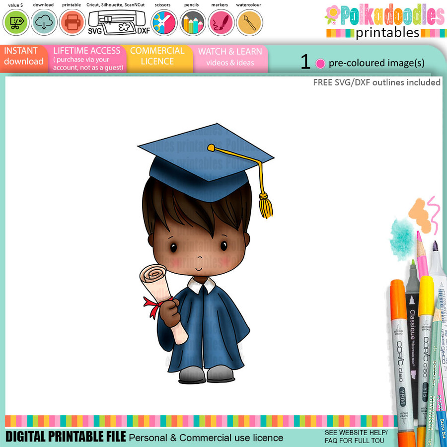 Cute Boy 2 Blue gown Graduation school student clipart for Card Making, Scrapbooking and Junk Journaling