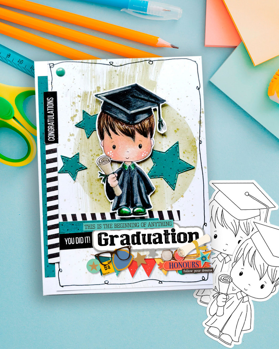 Cute Boy 2 Blue gown Graduation school student clipart for Card Making, Scrapbooking and Junk Journaling
