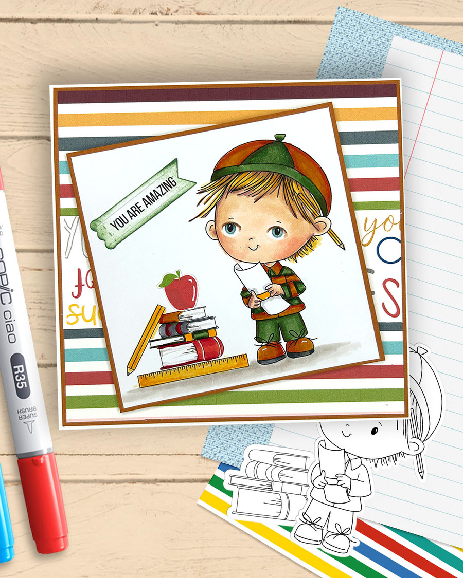Cute Boy with pencil & paper Graduation school student digital stamp for Card Making, Scrapbooking and Junk Journaling