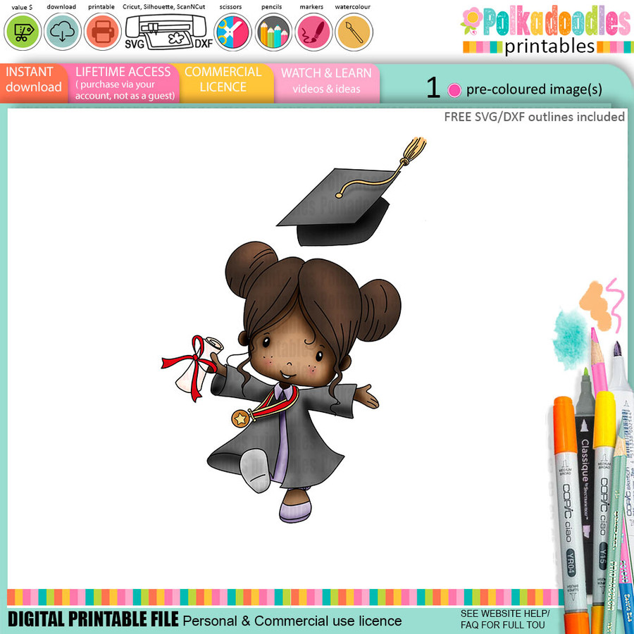 Cute Girl Grey gown 1 Graduation school student clipart for Card Making, Scrapbooking and Junk Journaling