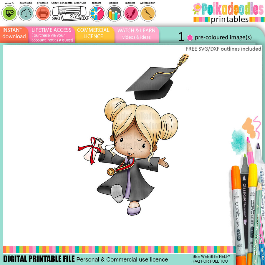 Cute Girl Grey gown 2 Graduation school student clipart for Card Making, Scrapbooking and Junk Journaling