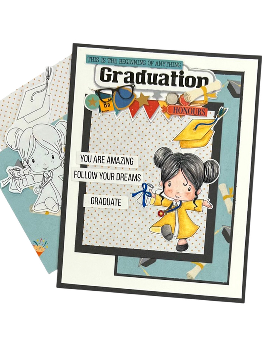 Cute Girl Blue gown 2 Graduation school student clipart for Card Making, Scrapbooking and Junk Journaling