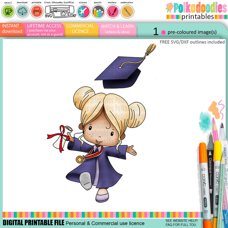 Cute Girl Blue gown 1 Graduation school student clipart for Card Making, Scrapbooking and Junk Journaling