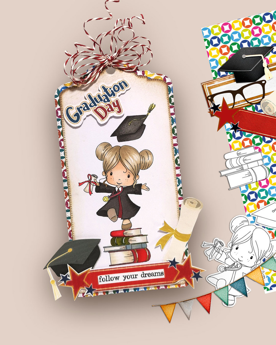 Cute girl in gown Graduation school student digital stamp for Card Making, Scrapbooking and Junk Journaling