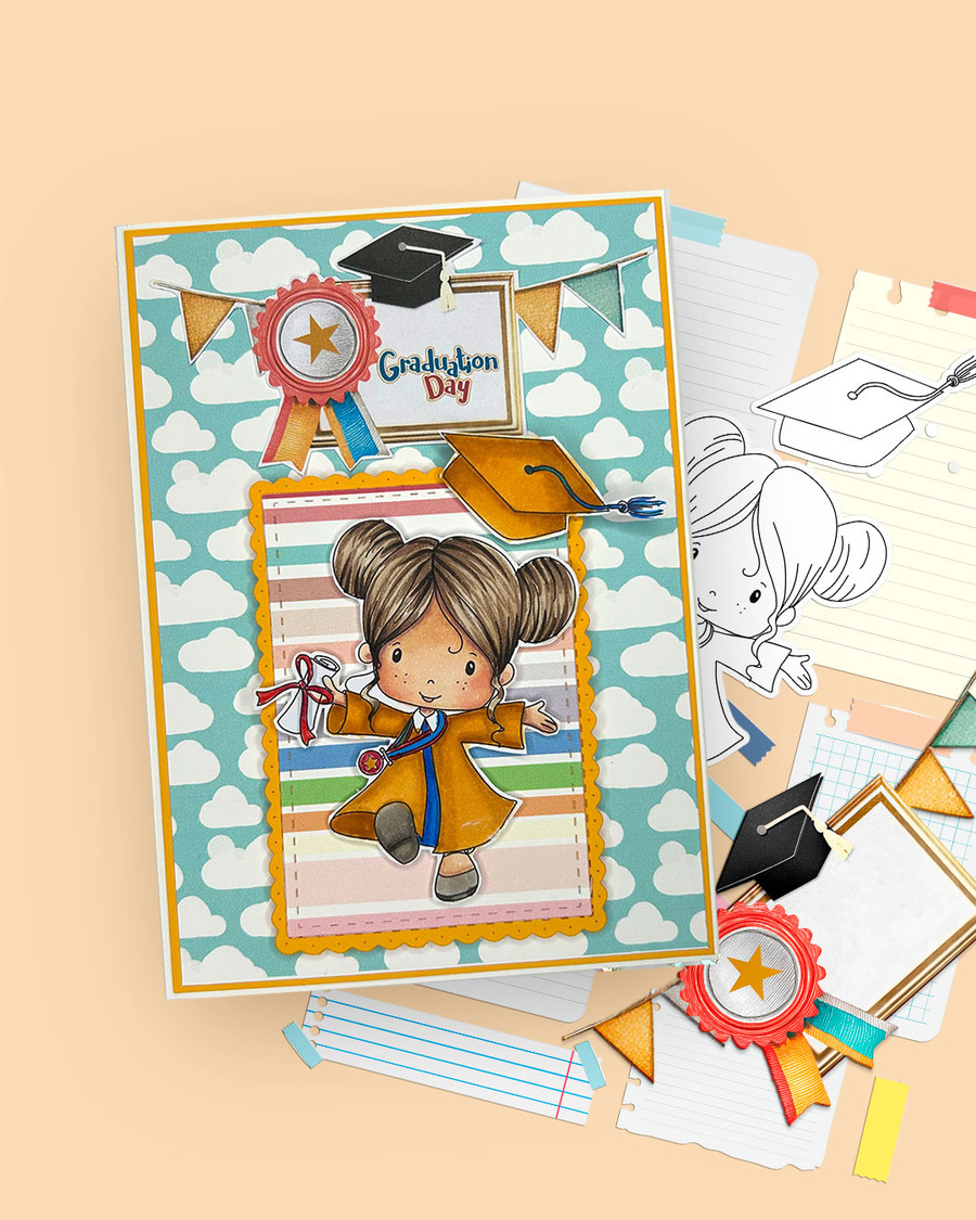 Cute girl in gown Graduation school student digital stamp for Card Making, Scrapbooking and Junk Journaling