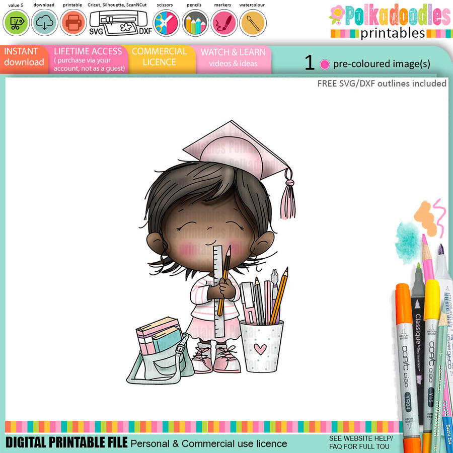 Cute Girl with stationery pens pencils Graduation school student clipart for Card Making, Scrapbooking and Junk Journaling
