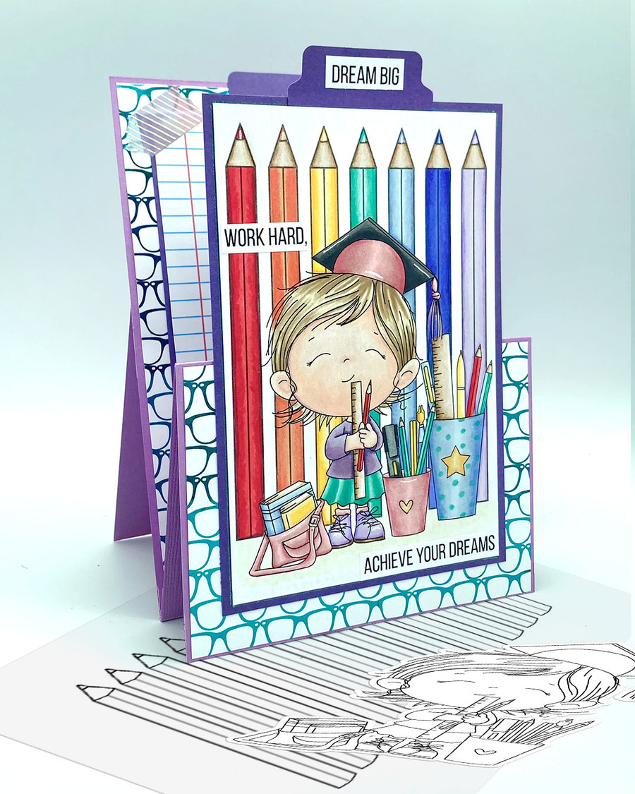 Cute Girl with stationery pens pencils 2 Graduation school student clipart for Card Making, Scrapbooking and Junk Journaling