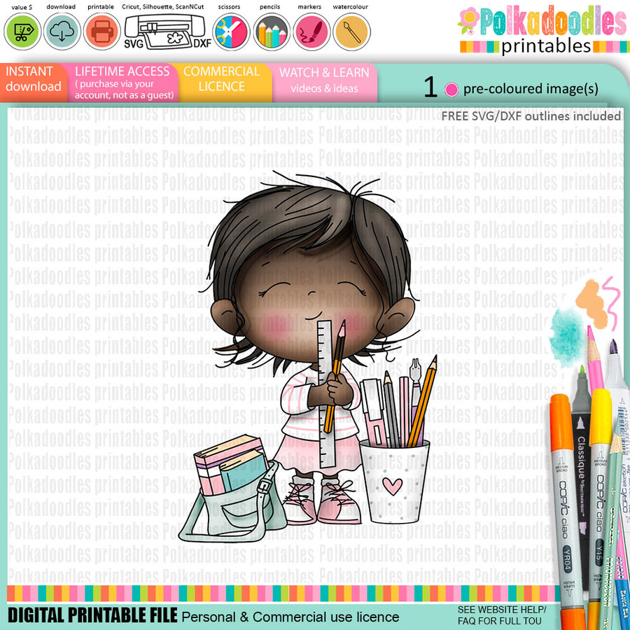 Cute Girl with stationery pens pencils - no hat 1 Graduation school student clipart for Card Making, Scrapbooking and Junk Journaling