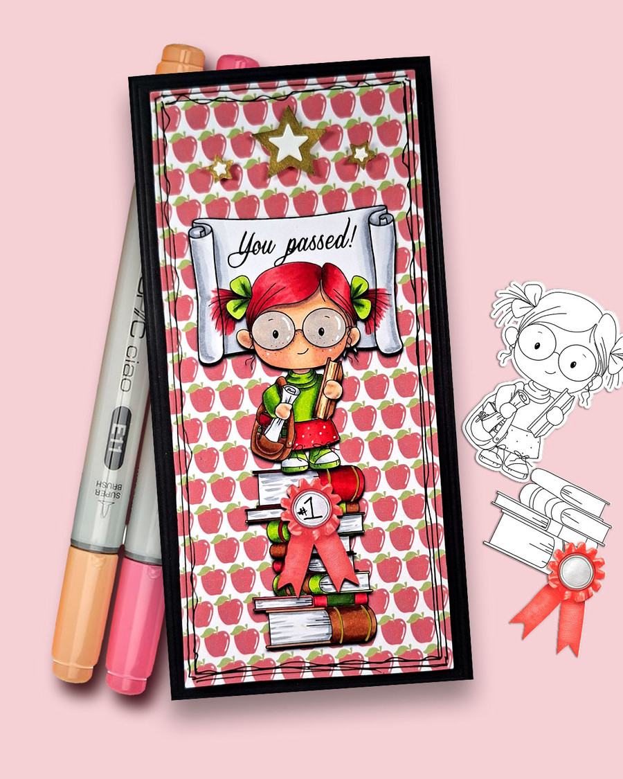 Cute Girl with glasses spectacles books stationery bag Graduation school student digital stamp for Card Making, Scrapbooking and Junk Journaling - digital stamp printable.