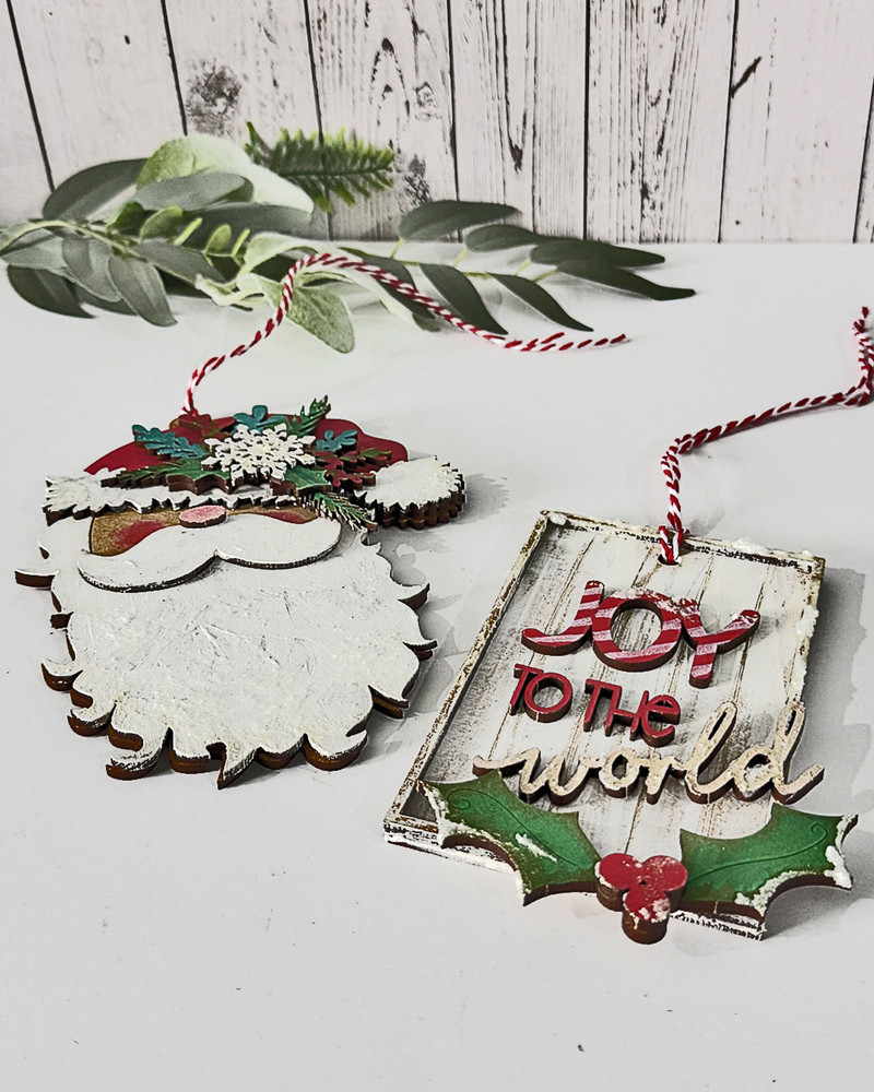 Layered MDF Santa Ornaments & Joy Tags – 4 Pcs Christmas Craft Wood blanks Set. Layered Tags/Ornaments/baubles - MDF wood blanks, plaques and decorations for card making, crafts, scrapbooking.
