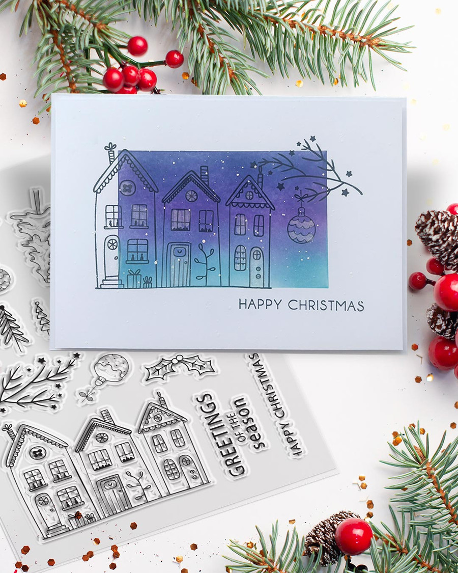 Cozy Christmas Holiday Scandi Houses A5/6 x 8" clear Craft Stamp Set – card Making, crafts, scrapbooking