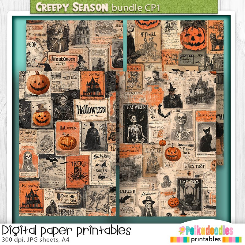 Creepy Autumn Halloween 4 collage sheets 1 - digital printable papers Halloween Fall - Card Making, Scrapbooking, Junk Journal, svg, stickers