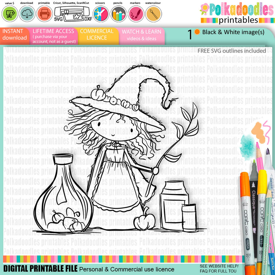 Witch with Potions - cute craft digital stamp Halloween Fall Autumn Witches with Broomsticks - Card Making, Scrapbooking, Junk Journal, svg, stickers