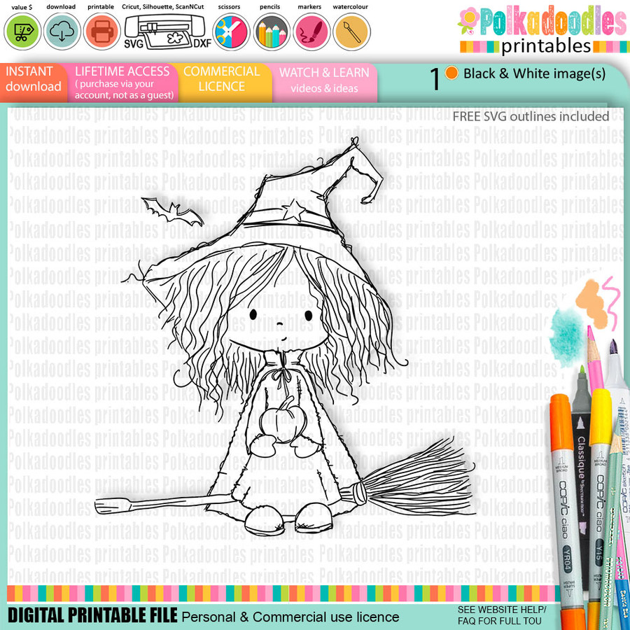 Witch with Broomstick cute craft digital stamp Halloween Fall Autumn Witches with Broomsticks - Card Making, Scrapbooking, Junk Journal, svg, stickers.