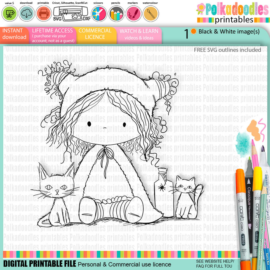 Witch with 2 cats - cute craft digital stamp Halloween Fall Autumn Witches with Broomsticks - Card Making, Scrapbooking, Junk Journal, svg, stickers