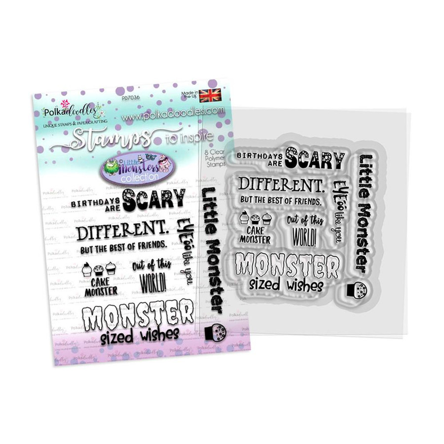 Little Monsters Little Monster bundle - halloween trick or treat card making craft stamps, clear stamps with spooky monster-themed phrases and images for Halloween card crafts.