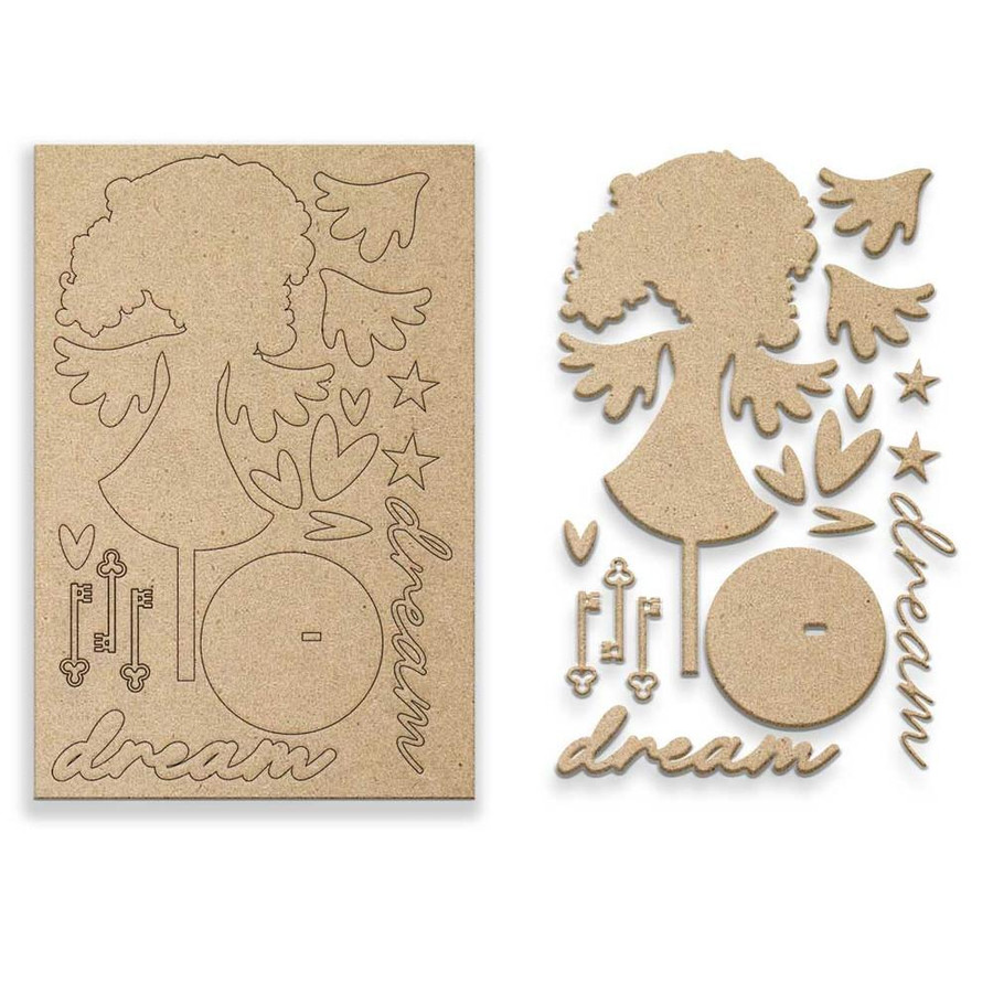 Believe in Angels Forever Angel – 3D Mixed Media Craft kit, a bundle of stamps, stencil, and MDF pieces featuring an angel design with additional decorative elements like hearts, stars, and keys.