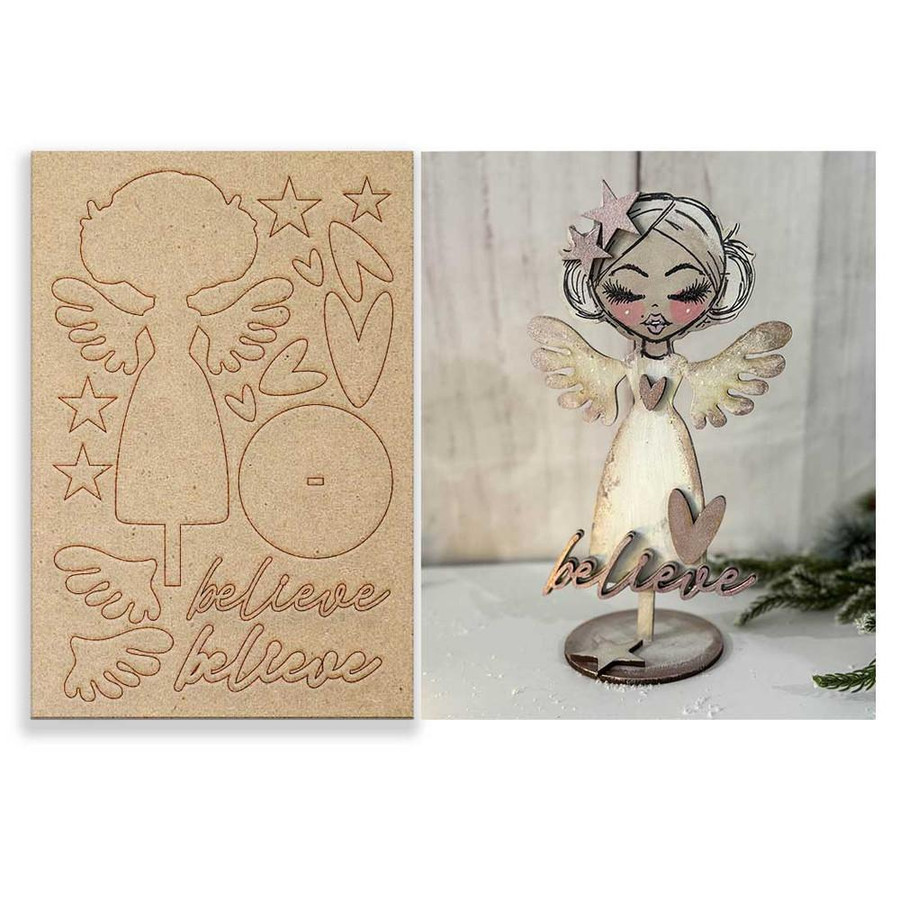 Believe in Angels – 3D Mixed Media Craft kit - Stamps, stencil & MDF BUNDLE, image of craft materials with angel-shaped stencil and completed angel angel figurine with wings and decorative elements.