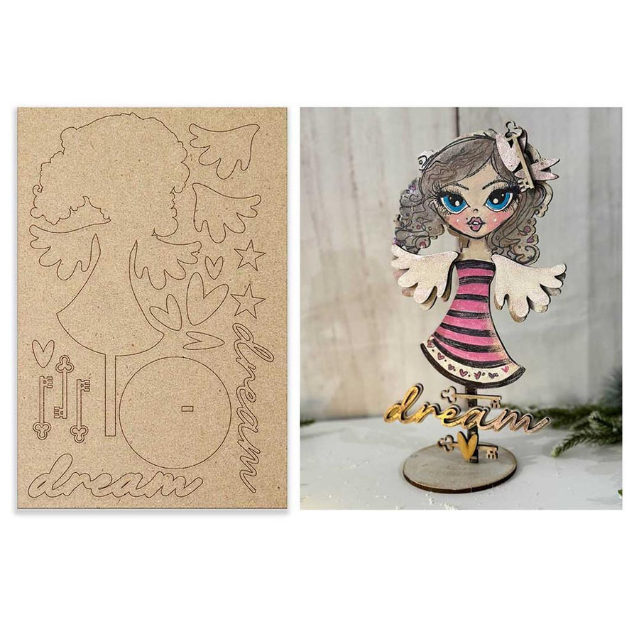 Believe in Angels Forever Angels Engraved MDF extra blank sheet for stamping - Stand-Up 3D Shape Set for crafts, mixed media, art doll, with a finished wooden angel figurine with detailed painted features and decorative elements.