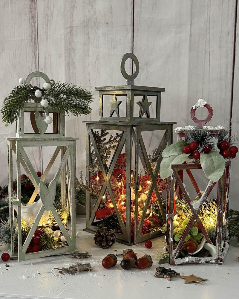MDF Small Lantern MDF wood blank Craft Kit – Christmas Holiday Home Décor crafts, decorative lanterns with festive holiday decorations and lights.