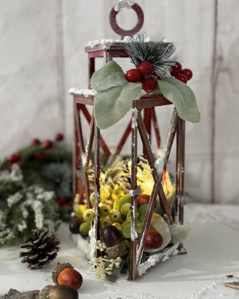 MDF Small Lantern MDF wood blank Craft Kit – Christmas Holiday Home Décor crafts, decorated with faux greenery, berries, and lights for festive holiday decoration.