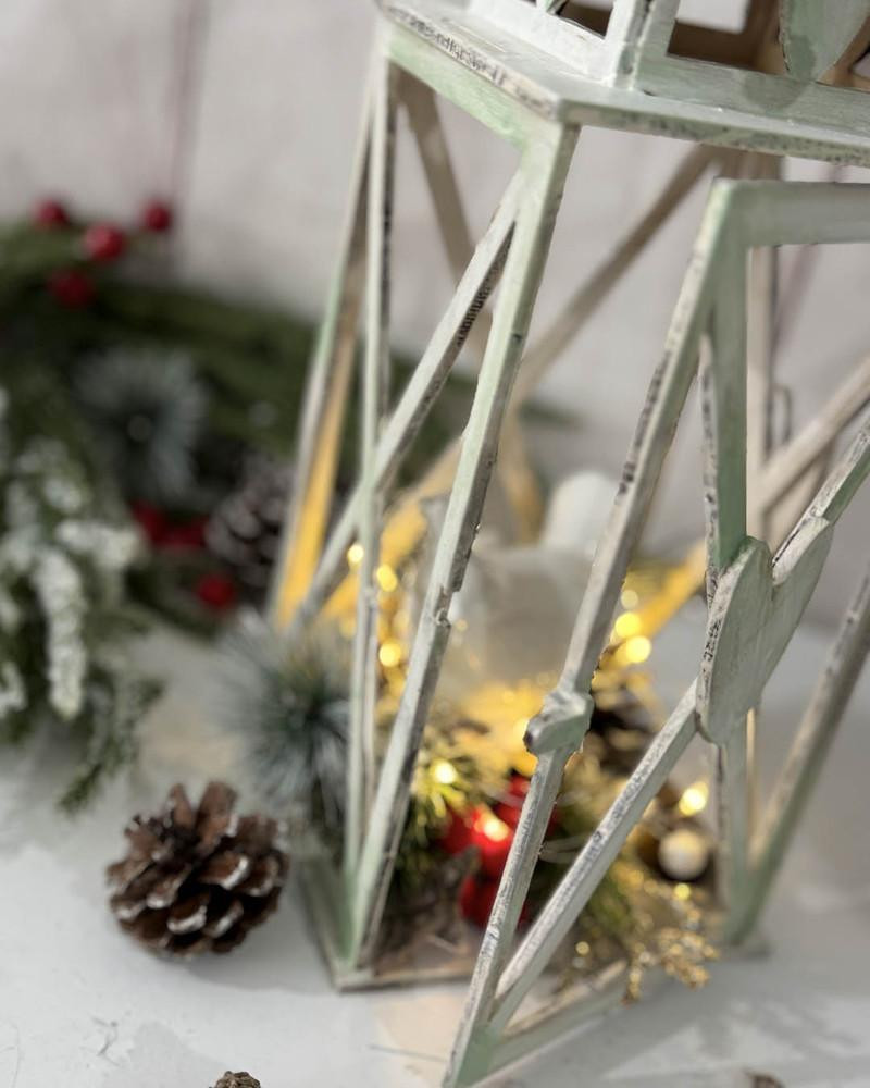 MDF Medium Heart Lantern MDF wood blank Craft Kit – Christmas Holiday Home Décor crafts, decorated with holiday greenery, pinecones, and fairy lights for festive holiday decorating.