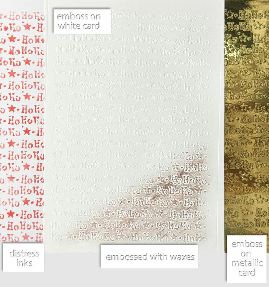 Frosted Christmas Text Pattern Stencil Bundle, embossed with waxes on white and metallic cards, with distress inks, designed for card making, crafts, and scrapbooking.