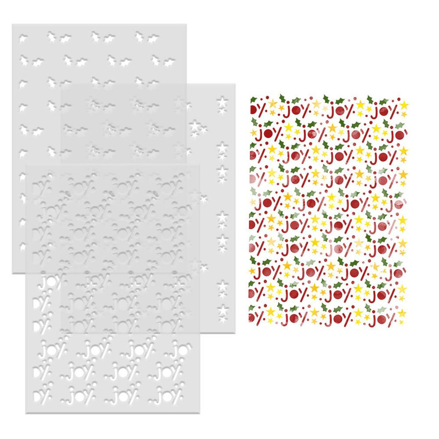 Frosted Christmas Text Pattern Stencil Bundle, holiday-themed embossing ink stencils for card making, crafts, and scrapbooking with a festive pattern of 'joy' and holiday symbols.