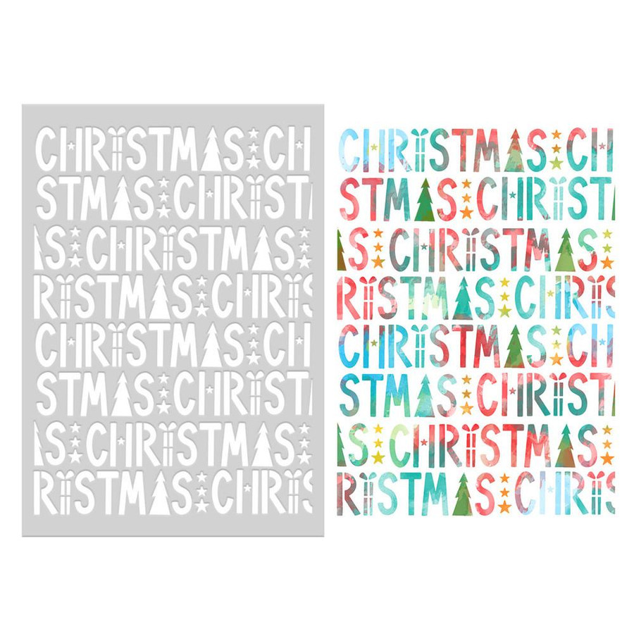 Frosted Christmas Text Pattern Stencil Bundle, stack of colorful and embossed Christmas-themed stencil sheets for card making, crafts, and scrapbooking.
