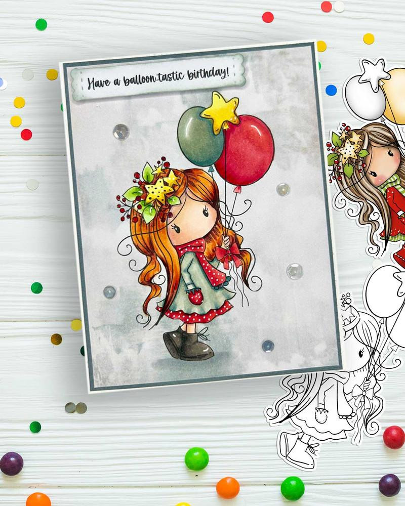 Mabel Starry Celebrations New Year Christmas Holiday printable bundle, colorful illustration of a girl holding balloons, perfect for card making, scrapbooking, junk journaling, SVG, craft stickers, and planners.