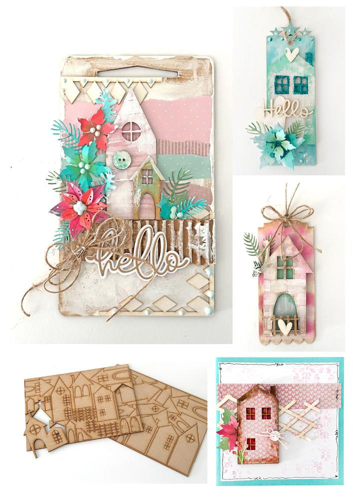 MDF houses embellishments pack - Wood Blank Craft Kit, Home Décor, featuring miniature wooden houses and decorative elements for DIY craft projects and home decoration.