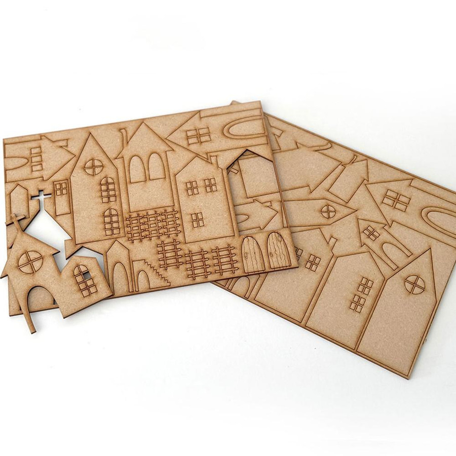 MDF houses embellishments pack - Wood Blank Craft Kit, Home Décor, with wooden cutouts of various house shapes, windows, and doors for DIY home decoration projects.