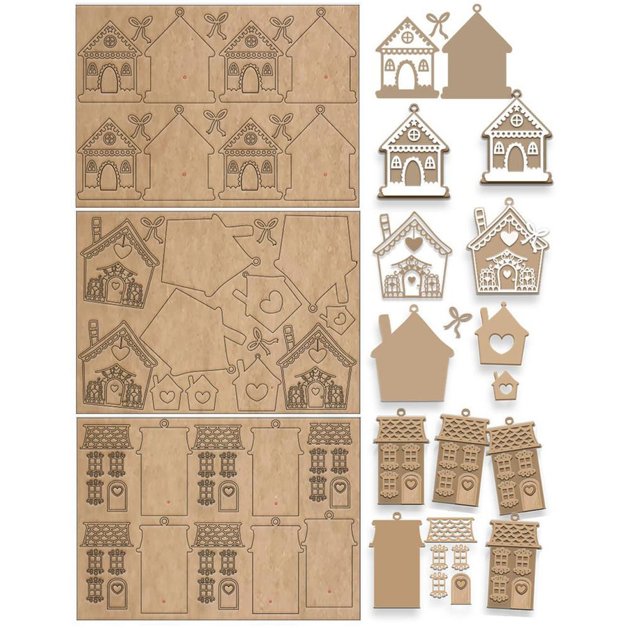 MDF Gingerbread House Bauble Pack - Wood Blank Craft Kit, Home Decor for DIY ornament crafting with detailed house cutouts and assembly pieces.