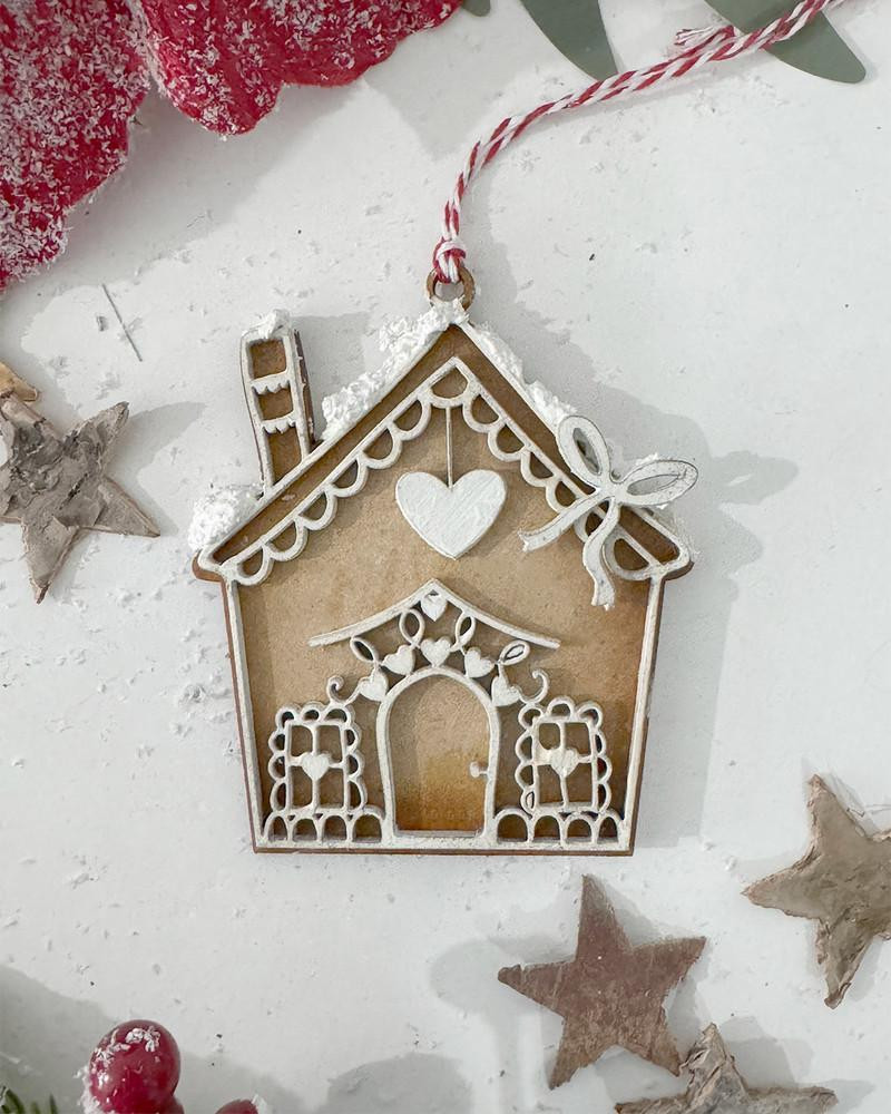 MDF Gingerbread House Bauble Pack - Wood Blank Craft Kit, Home Décor, photo of a decorated wooden house ornament with a heart and bow, ready for painting or decorating.