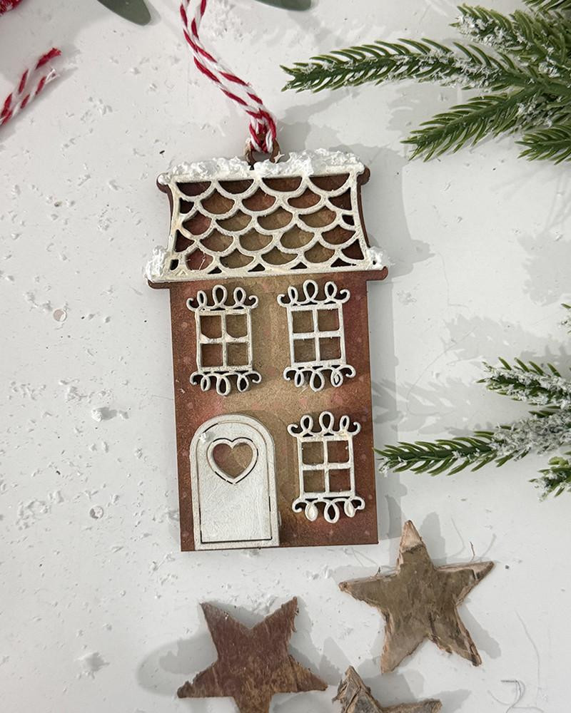 MDF Gingerbread House bauble pack - Wood Blank Craft Kit, Home Décor, featuring a miniature gingerbread house with cut-out windows and roof, designed for holiday ornament crafting.
