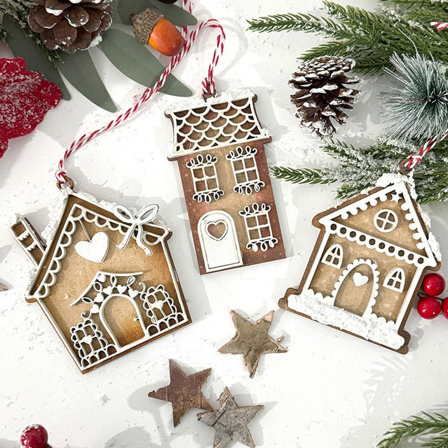 MDF Gingerbread House bauble pack - Wood Blank Craft Kit, Home Décor, designed for Christmas holiday decoration and craft projects.