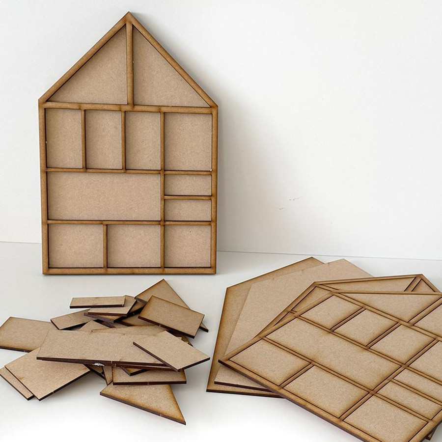 MDF Printers A4 MDF Tray 2 pack - Wood Blank Craft Kit, Home Décor, image of two unfinished MDF trays in house shapes with compartments, along with small MDF craft pieces and sheets for DIY woodworking and decoration projects.