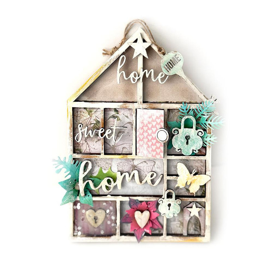 MDF Printers A4 MDF Tray 2 pack - Wood Blank Craft Kit, Home Décor, image of a decorative wooden house-shaped tray with painted and wooden embellishments for home decoration.