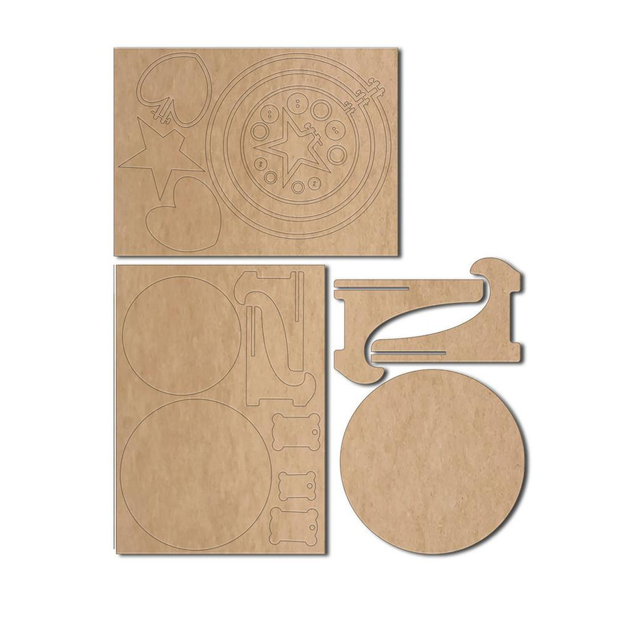 MDF Embroidery hoops & easels chipboard/MDF - Wood Blank Craft Kit for Home Décor, showing unassembled wooden shapes including embroidery hoops, easels, and decorative cutouts for DIY craft projects.