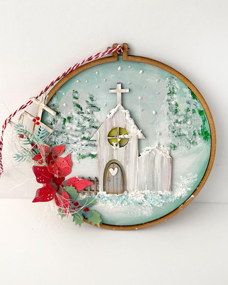 MDF Embroidery hoops & easels chipboard/MDF - Wood Blank Craft Kit, Home Décor, with a winter-themed miniature church scene inside the embroidery hoop