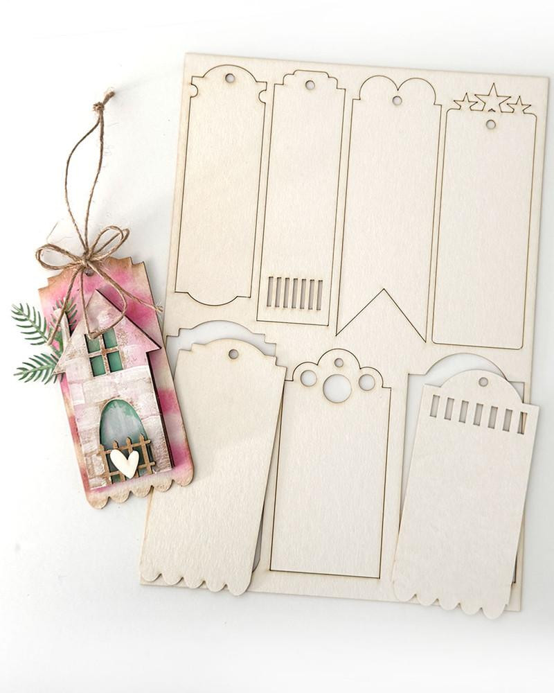 MDF Altered Art MDF Board & Chipboard Tags/Bookmarks Pack, Wood Blank Craft Kit for Home Décor with various cutout designs for decorating and crafting.