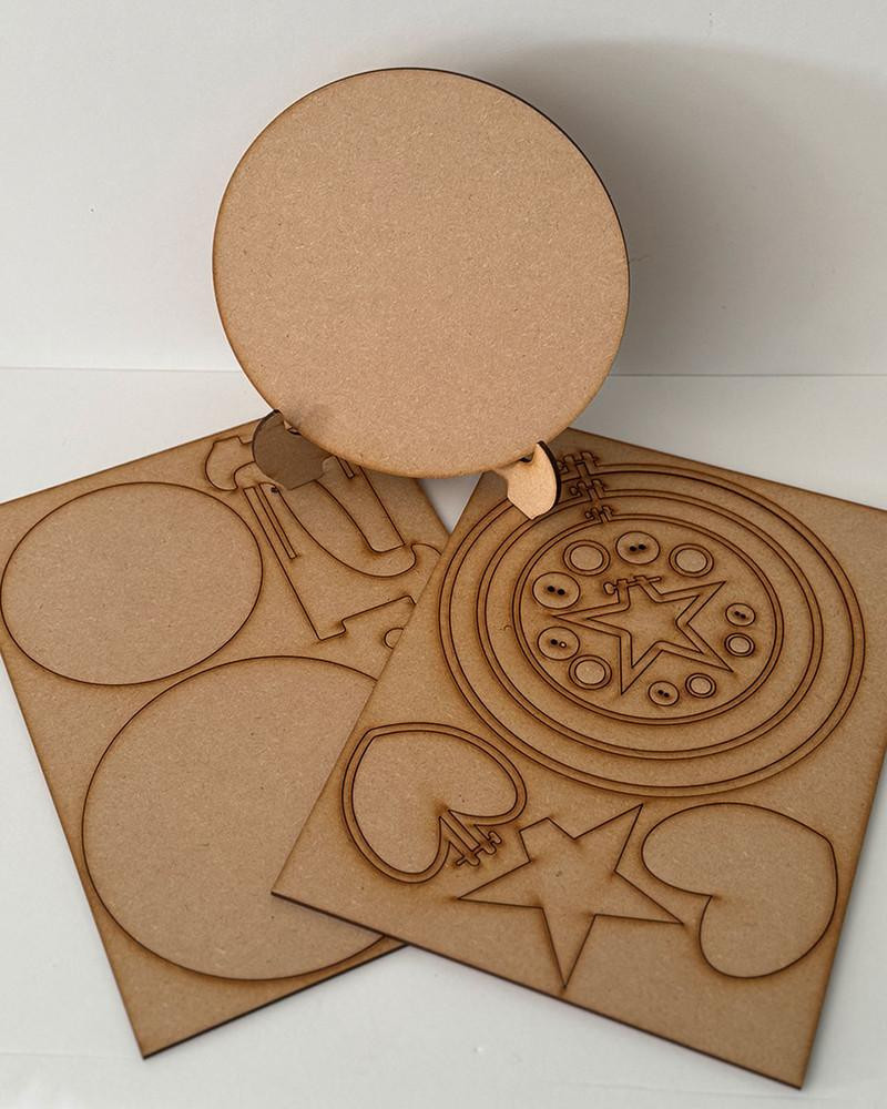 MDF Mixed Media big bundle, set of approximately 57 pieces including embroidery hoops, easels, chipboard, MDF boards, lattice chipboard packs, and bookmarks for crafting and DIY projects.